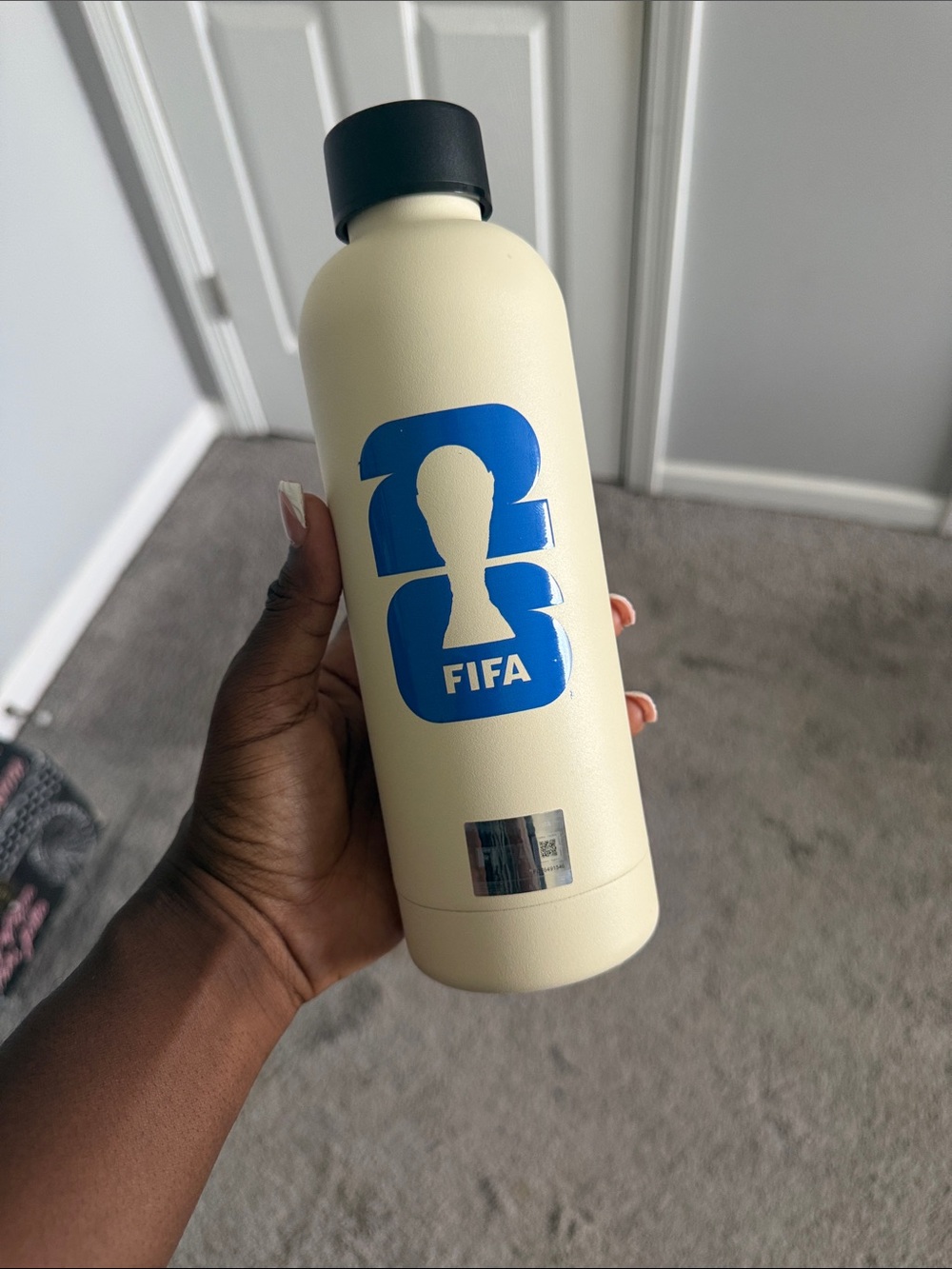 FIFA Branded Cream Steel Water Bottle with Blue Logo